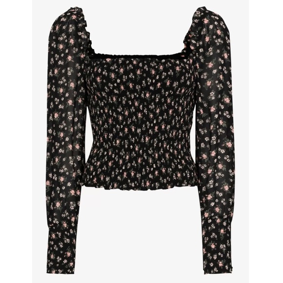 REFORMATION 90s Floral Crepe Smocked Puff Long Sleeve Square Neck Cropped Top M - Picture 9 of 9